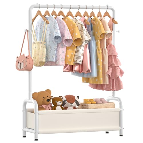 Kids Dress Up Rack - Black Classic Kids Clothing Organizer with Hooks & Storage Basket - 31.5W x 11.8D x 49.2H, Black