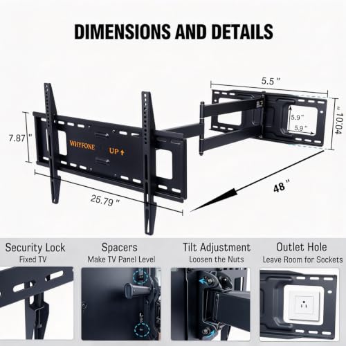 WHYFONE 48" Extension Long Arm TV Wall Mount for 37-85" Flat & Curved TVs
