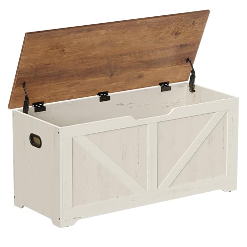 VASAGLE Farmhouse Storage Chest with Safety Hinges - Honey Brown + Rustic White, 39.4"W x 18.1"H