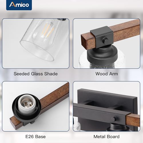 Amico 5-Light Farmhouse Bathroom Vanity Light with Seeded Glass & Black Wood Finish - Rustic Decor