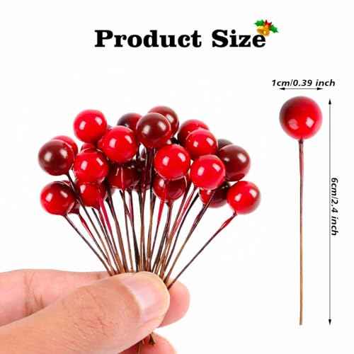 DIYASY 100 pcs Artificial Holly Berries, Mini 10 mm Christmas Fake Berries with Wire Stems Xmas Red Berry Stems Picks for Christmas Tree Decorations Wreath Craft Wedding Party Decor