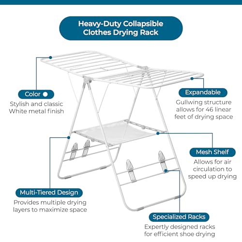 Honey-Can-Do White Heavy-Duty Gullwing Clothes Drying Rack 57" W - Collapsible Indoor/Outdoor Laundry Organizer