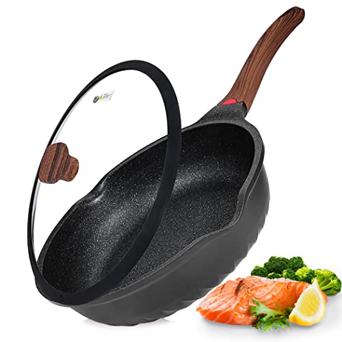 Nonstick Deep Frying Pan with Lid - 12 Inch, 5.5 Qt, Ceramic Coating, Heat Indicator, Induction Compatible