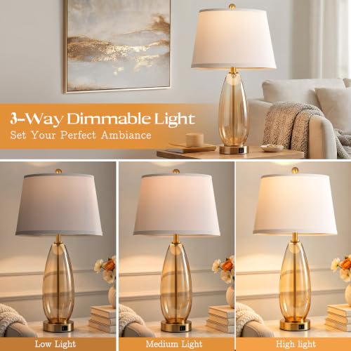 WIHTU 27-Inch Amber Glass Table Lamps Set of 2 with Touch Dimming & USB Ports