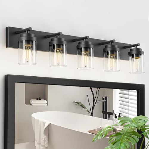 IZORRO 36 Inch Black 5-Light Bathroom Vanity Light Fixture with Clear Glass Shades - Modern Farmhouse Style, Dimmable, Over Mirror