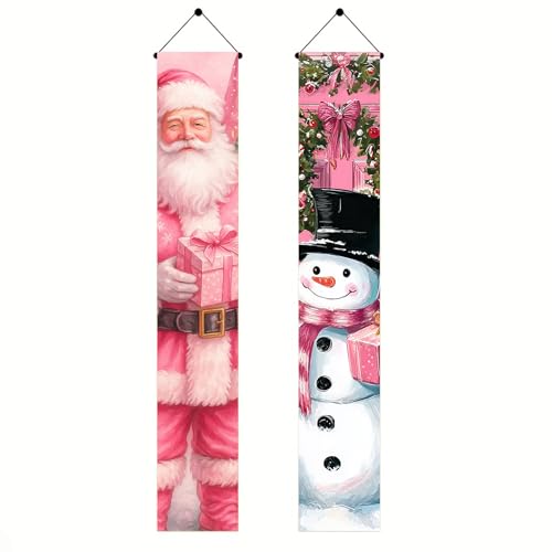 Pink Christmas Porch Banner - 12x71 Inch Welcome Santa Snowman Holiday Decor