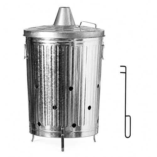 20-Gallon Galvanized Steel Incinerator Can with Lid and Ventilation Holes - Outdoor Yard Waste Burner