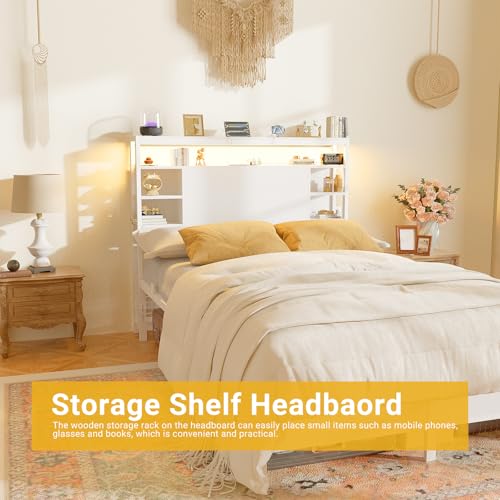 Twin Headboard with Storage & RGB LED Lights, Power Outlets, White