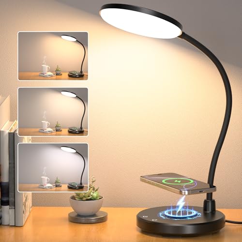 Wireless Charging Desk Lamp - Black, 800LM, CRI95+, Touch Dimming & 10W QI Charger