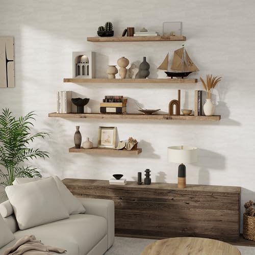Floating Shelves Set of 2 - Rustic Reclaimed Wood Wall Storage with Heavy-Duty Invisible Brackets - 30 Inch Natural Distressed