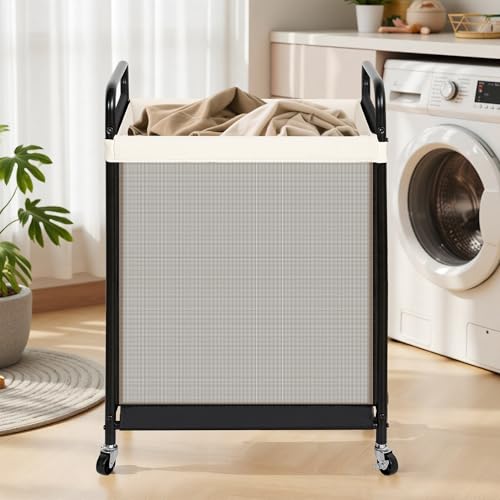Large Laundry Hamper with Lockable Wheels, Removable Canvas Liner, Metal Frame