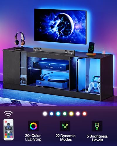 55-Inch Modern TV Stand with Power Outlets & Multi-Color LED Lights, Adjustable Glass Shelves, Black