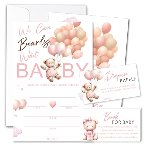 Pink We Can Bearly Wait Baby Shower Invitations Set of 25 with Diaper Raffle Tickets & Envelopes