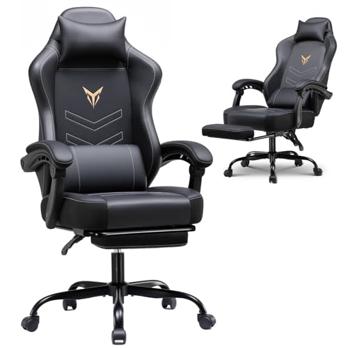 GTPLAYER Gaming Chair with Footrest - Black Dark Black Recliner Ergonomic High Back