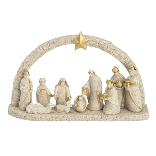 VELLORUM Nativity Scene Set with Arch – 11 Resin Figurines, Gold Accents