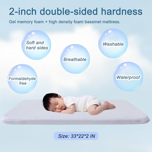 Baby Bassinet Mattress 42x24x2 Dual Sided Gel Memory Foam - Amzreine