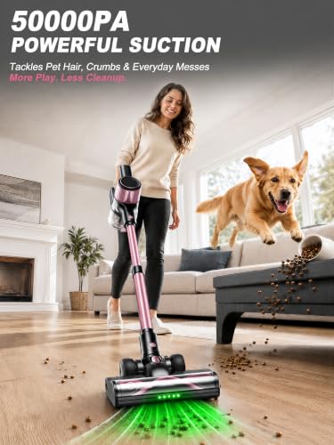 Pink Cordless Vacuum Cleaner 50KPa Lightweight Stick for Home & Pet Hair