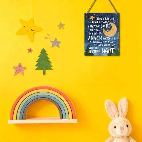 Baptism Christian Bible Verse Wall Decor - Now I Lay Me Down to Sleep, Starry Night Sky Wooden Hanging Sign Decor Gifts for Boys Girls, Kids Room, Nursery, Living Room, 8x10 Inches -B34