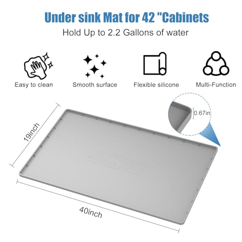 BeesVo Waterproof Silicone Under Sink Mat 40x19 Inches for Kitchen & Bathroom Cabinets, Grey