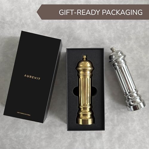 Aurevit All-Metal Pepper Grinder with Stainless Steel Core - Silver, Refillable, Adjustable Coarseness