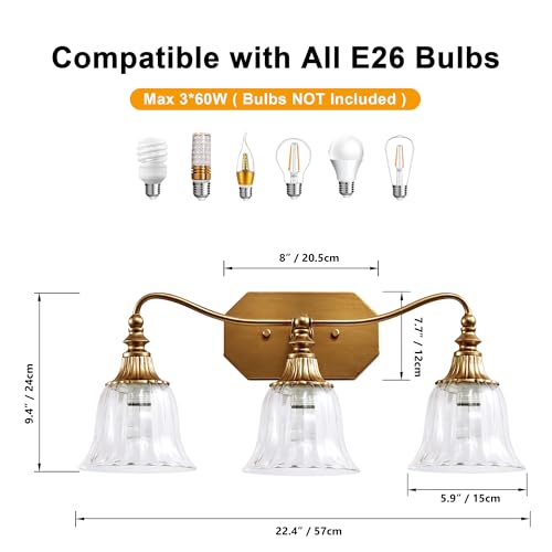 Brushed Gold 3-Light Bathroom Vanity Light Fixture with Crystal Glass Shades - Variation: Gold / 3 Lights