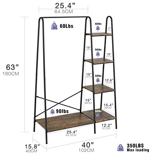 Finnhomy Heavy Duty Rustic Clothes Rack with 5 Wood Shelves - Black, 1 Rod