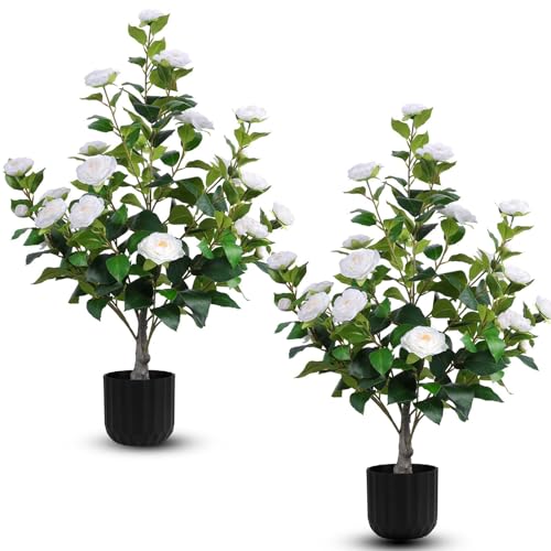 Artificial Camellia Trees in Pot - White, Medium - Indoor & Outdoor Decor, 2 Pack