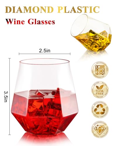 Clear Plastic Diamond Stemless Wine & Whiskey Glasses 40 pcs - Unbreakable Drinkware