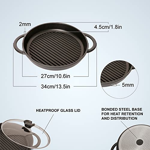 Nonstick Cast Aluminum Grill Pan with Lid - 10.6 Inch Stove Top & Oven Use - Lightweight & Deep Sides - Original