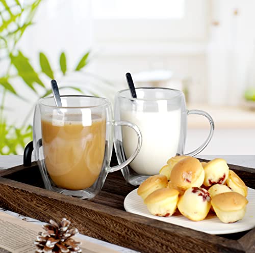 Double Walled Borosilicate Glass Coffee Cups Set - 6 Pack 350ml with Spoons