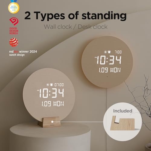 mooas Full Moon LED Wooden Digital Wall Clock with Remote & Sunrise Alarm