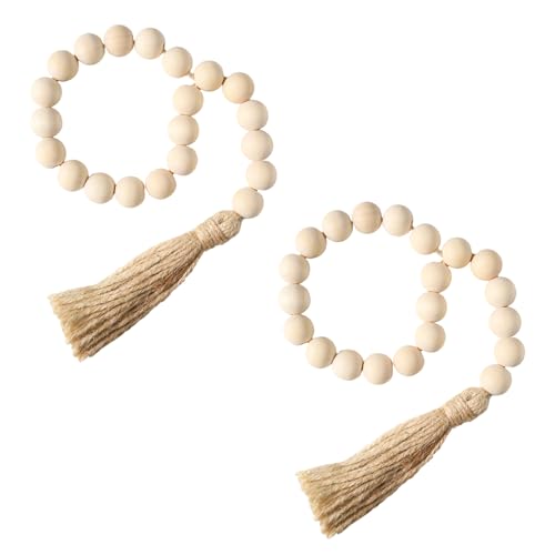 PINE & LINEN 2 Pack 12 Inch Natural Wood Bead Garland with Tassels - Style D