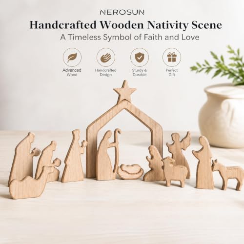 NEROSUN 13Pcs Wooden Nativity Scene Set - Variation: Wooden Nativity Scene
