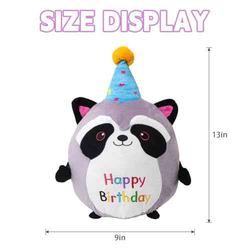 Raccoon Plush Toy 10 Inch Cute Birthday Stuffed Animal Soft Raccoon Plushies Pillow Wear Unicorn Birthday Hat Kawaii Cartoon Doll Gifts for Kid Toddlers Home Room Decoration