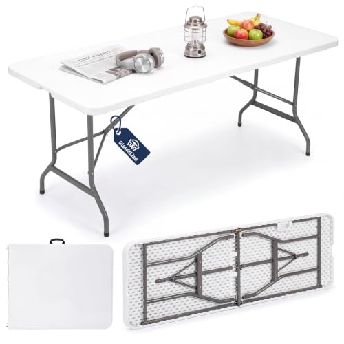 GlowitLian 6ft White Heavy-Duty Folding Picnic Table - 500lbs Capacity, Portable Indoor & Outdoor Event Table
