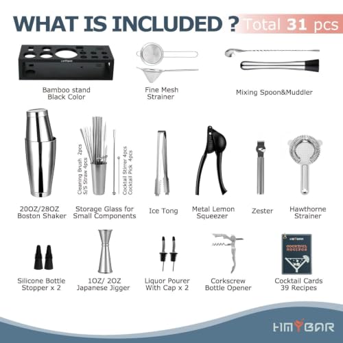 Black Bamboo Bartender Kit with 31-Piece Cocktail Shaker Set - 20/28oz Boston Shaker & Recipe Cards