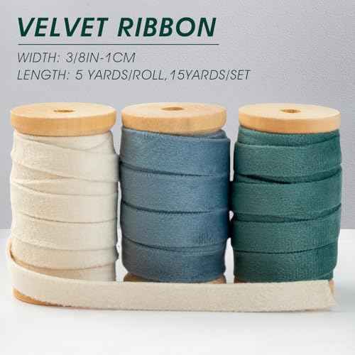 Velvet Ribbon Set 3/8" Wide 3 Rolls * 5Yd Wooden Spool Fabric Trim for Christmas Decoration Handmade Craft Ornaments Gift Wrapping Decoration Party Wedding Arts Crafts£¨Blue & Beige£©