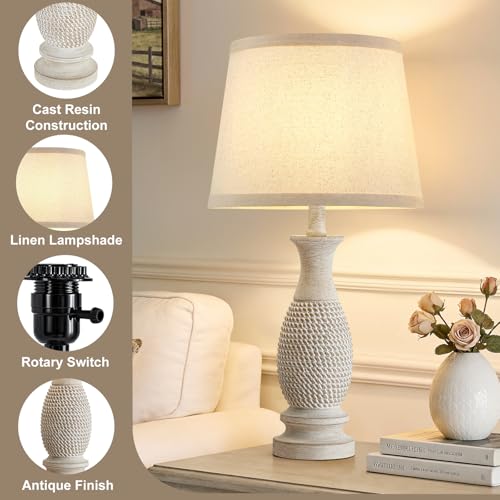 EJIAXIN 21.6-Inch Cream Resin Farmhouse Bedside Table Lamp Set of 2