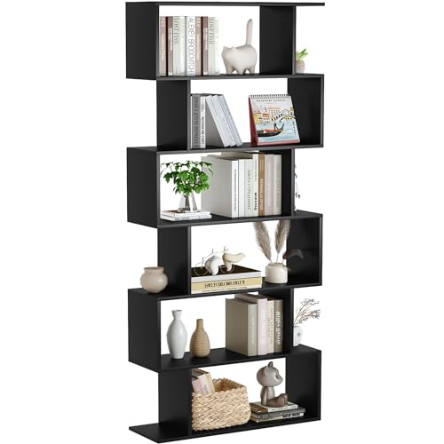 Yusong 6-Tier Geometric Bookcase Shelf Black 27.8"W x 9.4"D x 74"H Modern Wood Display