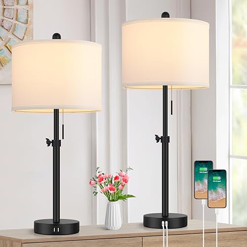 Kondras Adjustable Bedside Table Lamp Set - Black Base & White Shade, 23-30 Inches