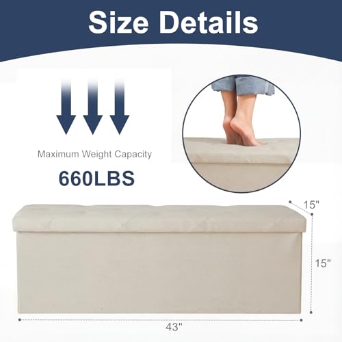 43-Inch Folding Storage Ottoman Bench with Linen Fabric - Soft Beige