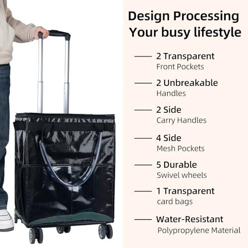 Wloskance Reusable Grocery Bags on Wheels - Black Rolling Tote, 40 lbs Capacity