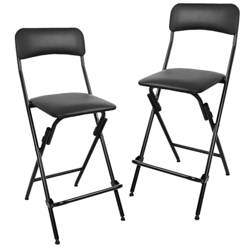 Veni Home 2-Pack Folding Bar Stools with Backrest, 25 Inch Leather Padded Counter Height Chairs, Black