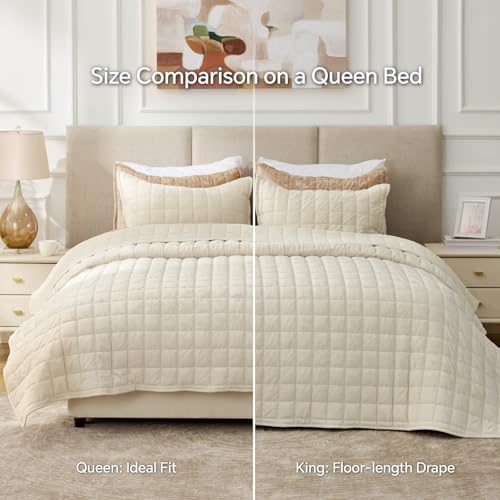Velvet Quilt Set King Size - Cream White Luxury Bedding with Channel Stitching
