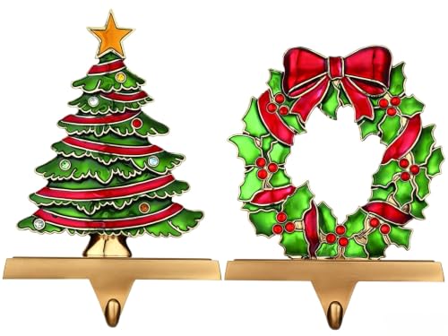 WENFOME 2-Pack Christmas Stocking Holders for Mantle & Fireplace - Sturdy Alloy Xmas Hooks, Non-Skid, Decorative Holiday Gift