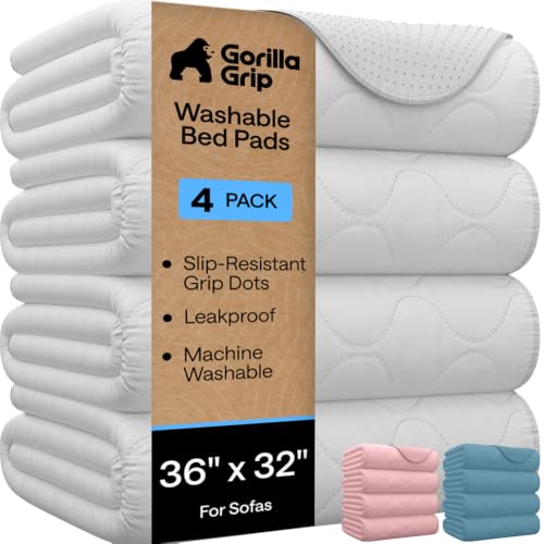 Washable Reusable Underpads 36x32 Inches - Pack of 4, White - Non Slip Waterproof Mattress Protector