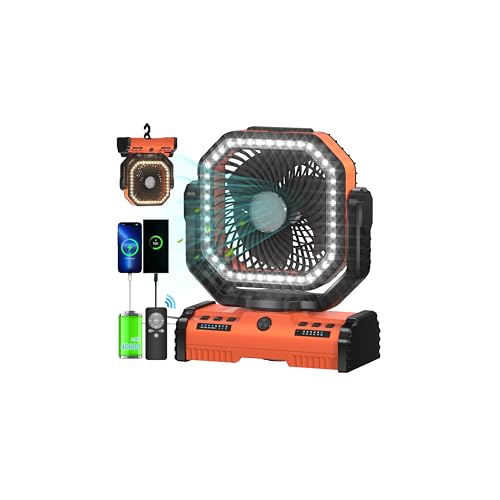 Rechargeable Portable Camping Fan with Power Bank and Remote Control - 12 Inch Orange