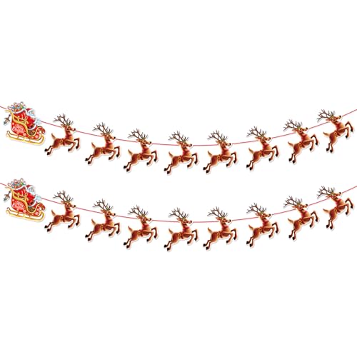 Christmas Banner,2 Set Pre-Strung Santa and Reindeer Bunting Garlands for Merry Christmas Party Decorations,Inside,Home, Office,Fireplace,Wall,Window Hanging Decoration,Xmas Holiday Decor Supplies