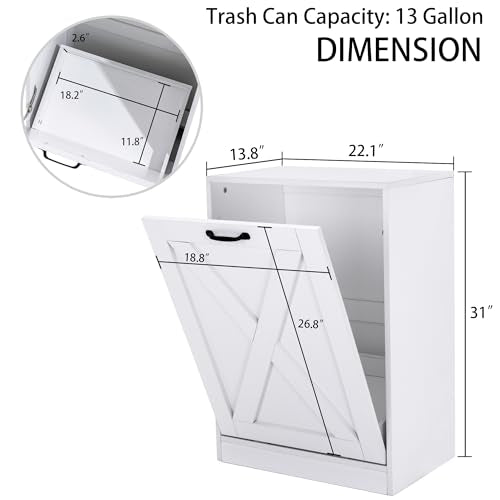 White 13 Gallon Tilt-Out Trash Can Cabinet - Wooden Kitchen Waste Bin & Recycling Storage