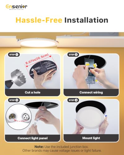 Ensenior 8 Inch Dimmable LED Recessed Light 5CCT Canless Wafer, 2700K-5000K
